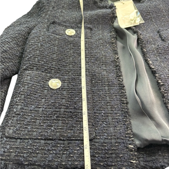 NWT Mango Cropped Tweed Blazer Jacket Navy Blue XS Chic Classic Preppy Parisian - Picture 3 of 14